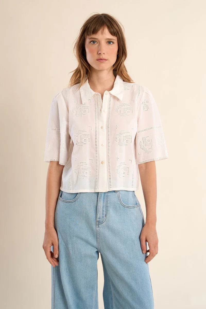 Openwork Button Down Blouse