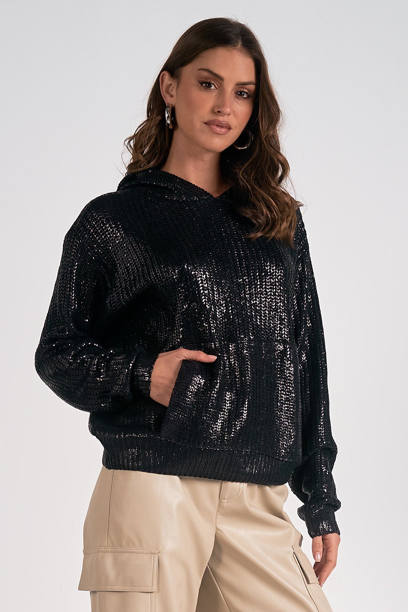 Coated Cable Sweater Hoodie