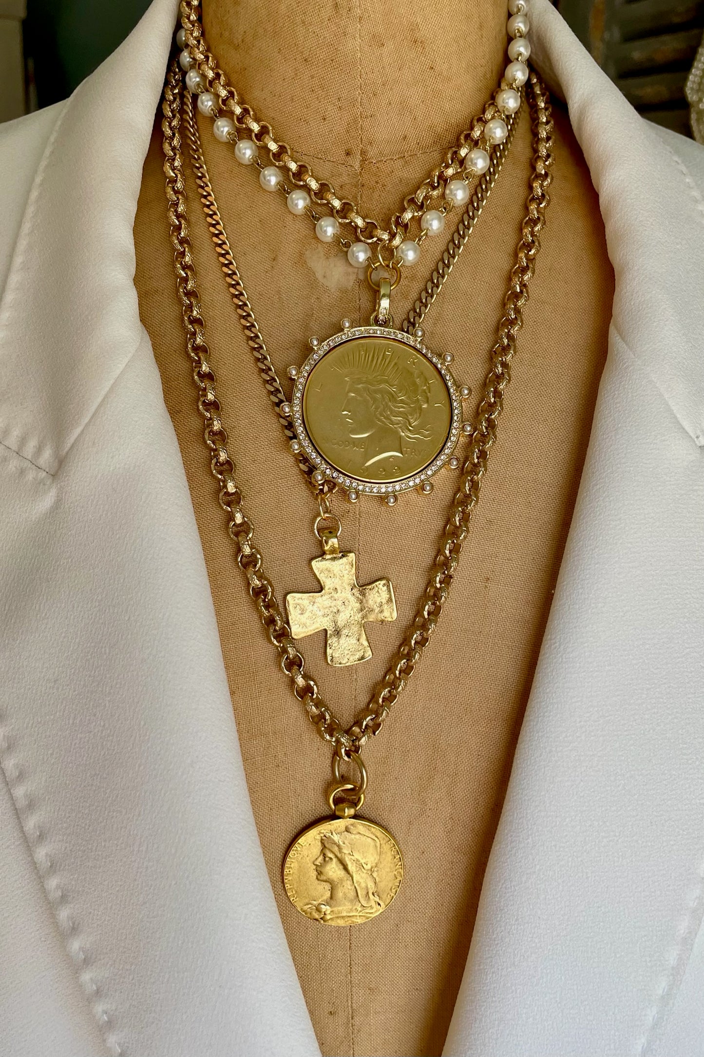 No. 5 Antiqued Gold Lg French Marianne Medal Necklace
