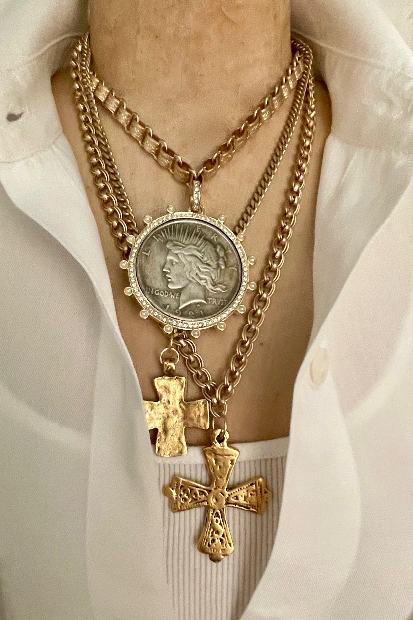 No. 9 Antiqued Gold Hammered Iron Cross Necklace