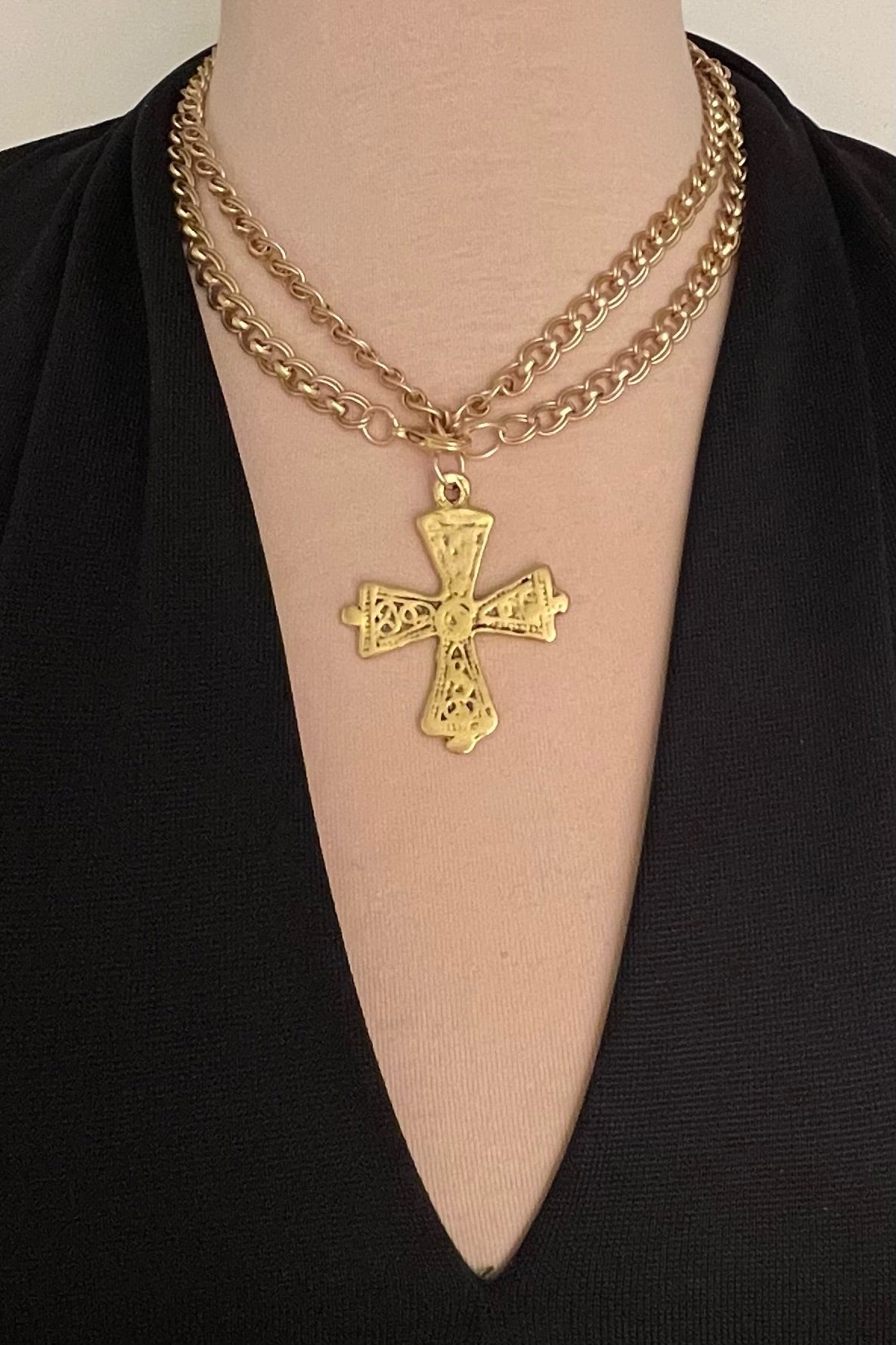 No. 10 Antiqued Gold Embossed Iron Cross Necklace