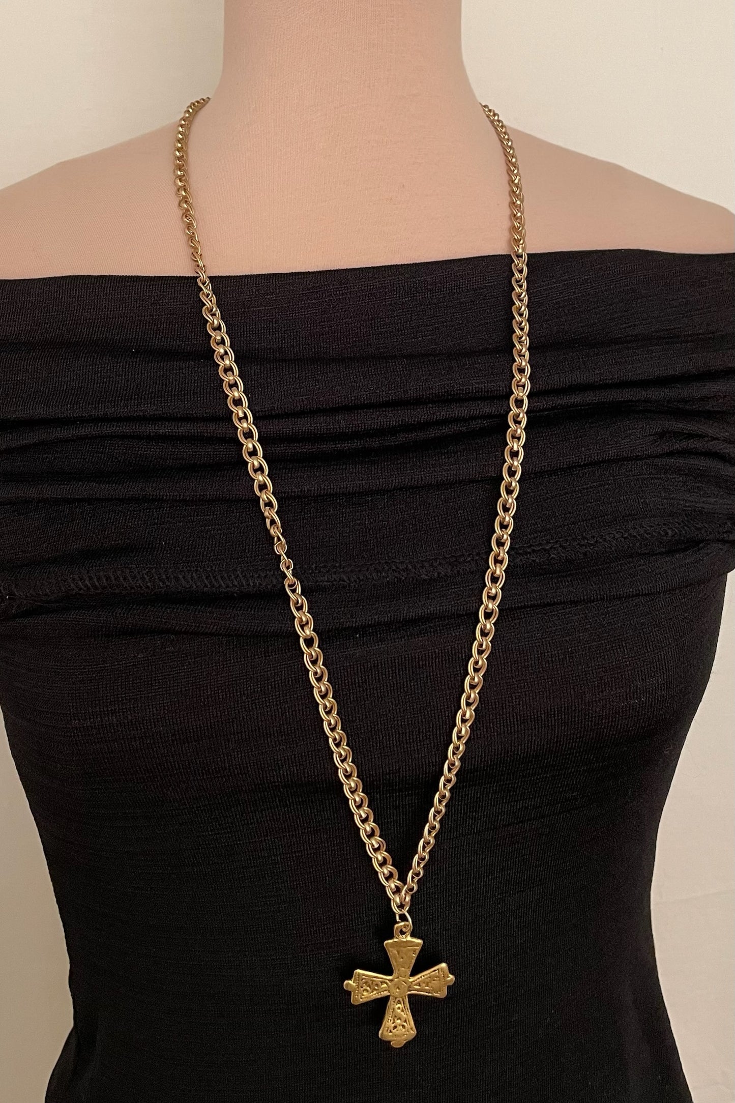 No. 10 Antiqued Gold Embossed Iron Cross Necklace