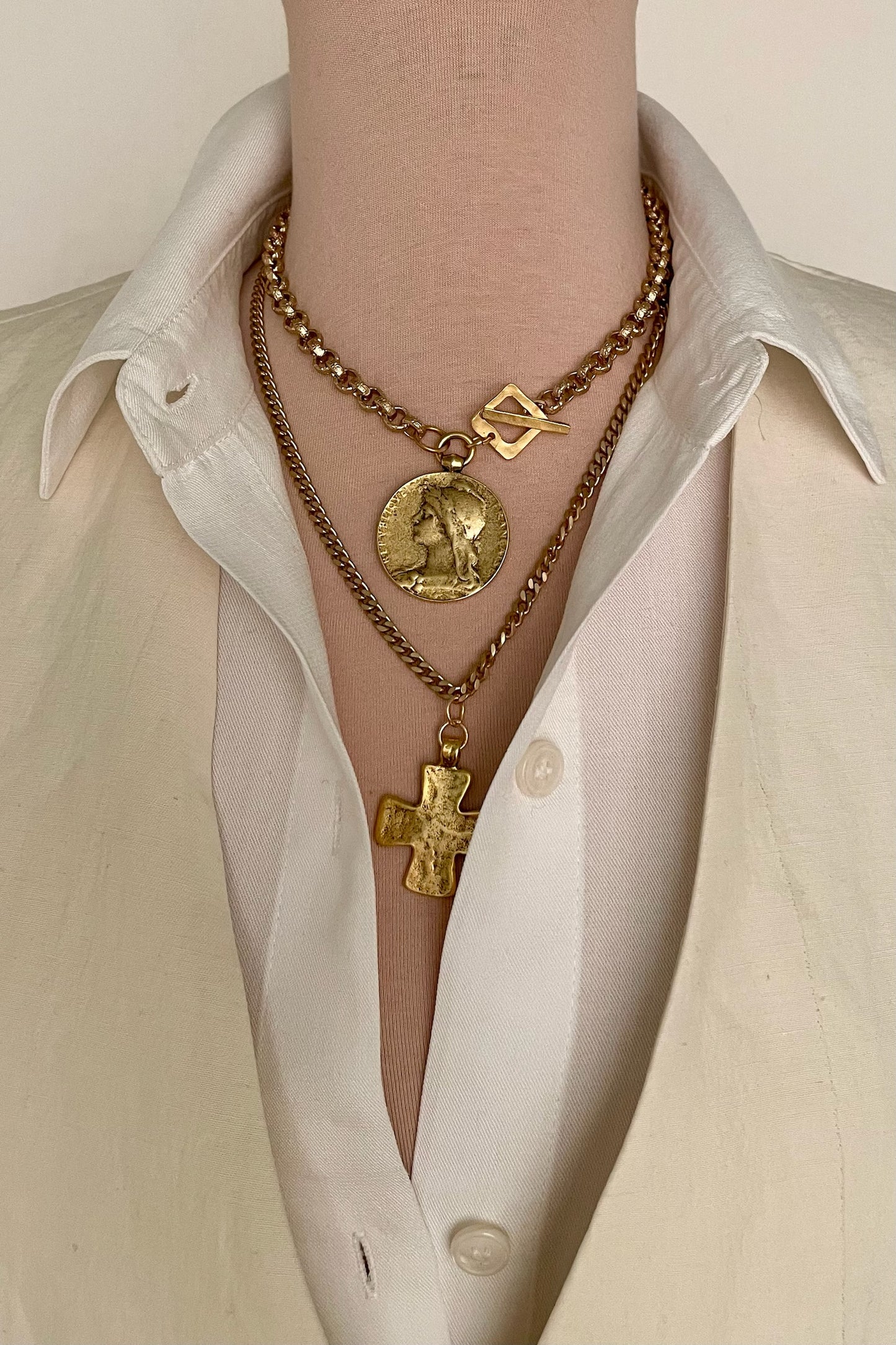 No. 6 Antiqued Gold Lg French Marianne Medal Necklace