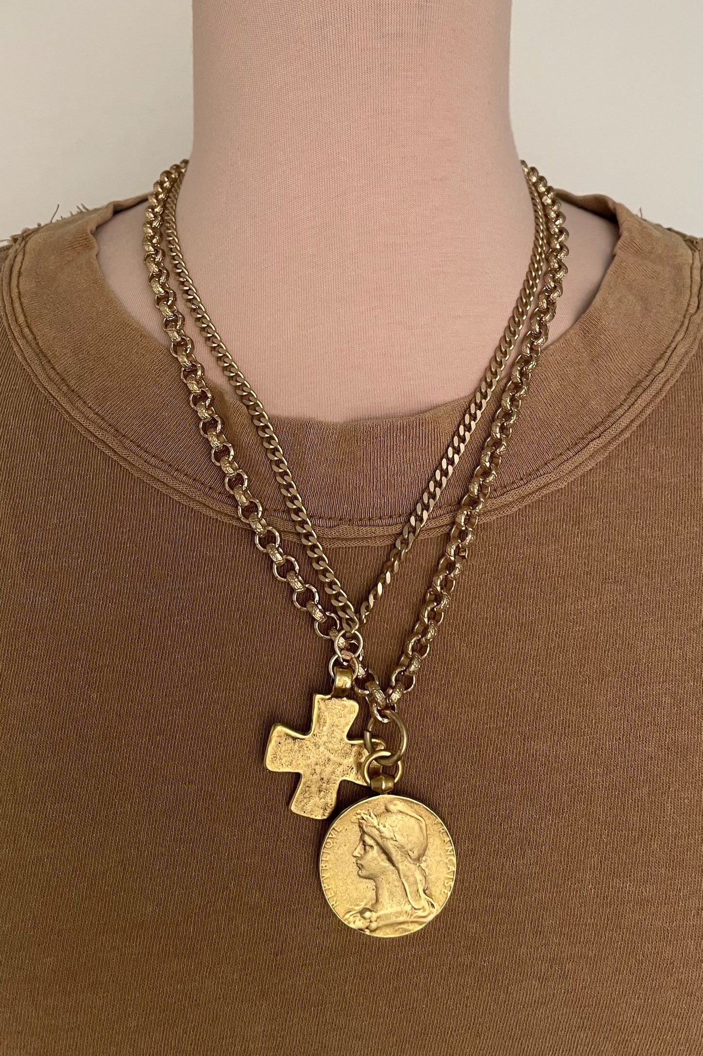 No. 9 Antiqued Gold Hammered Iron Cross Necklace