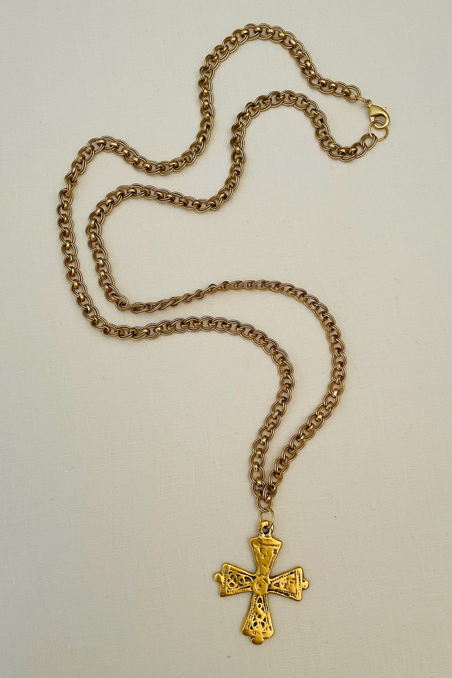 No. 10 Antiqued Gold Embossed Iron Cross Necklace