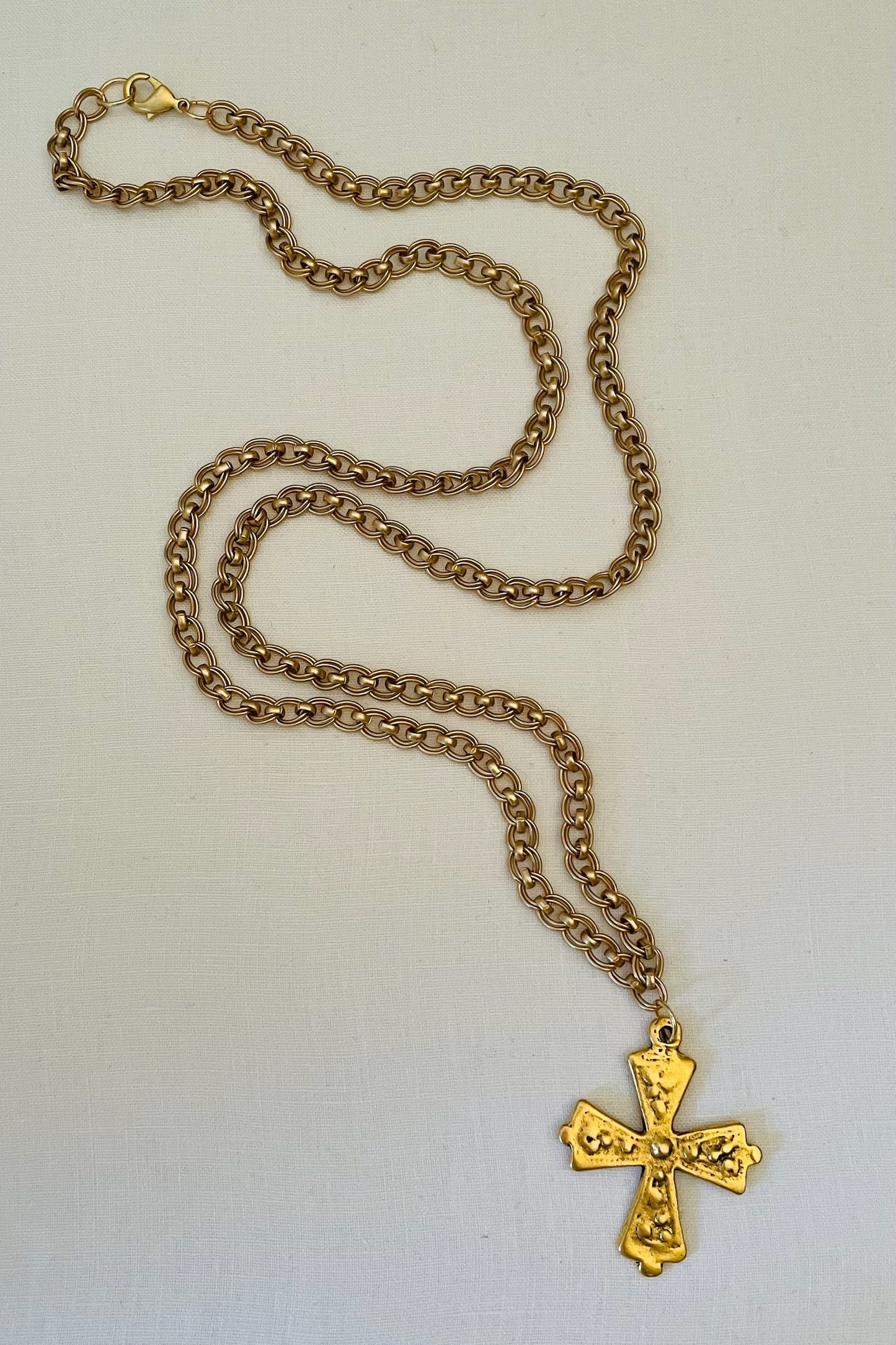 No. 10 Antiqued Gold Embossed Iron Cross Necklace