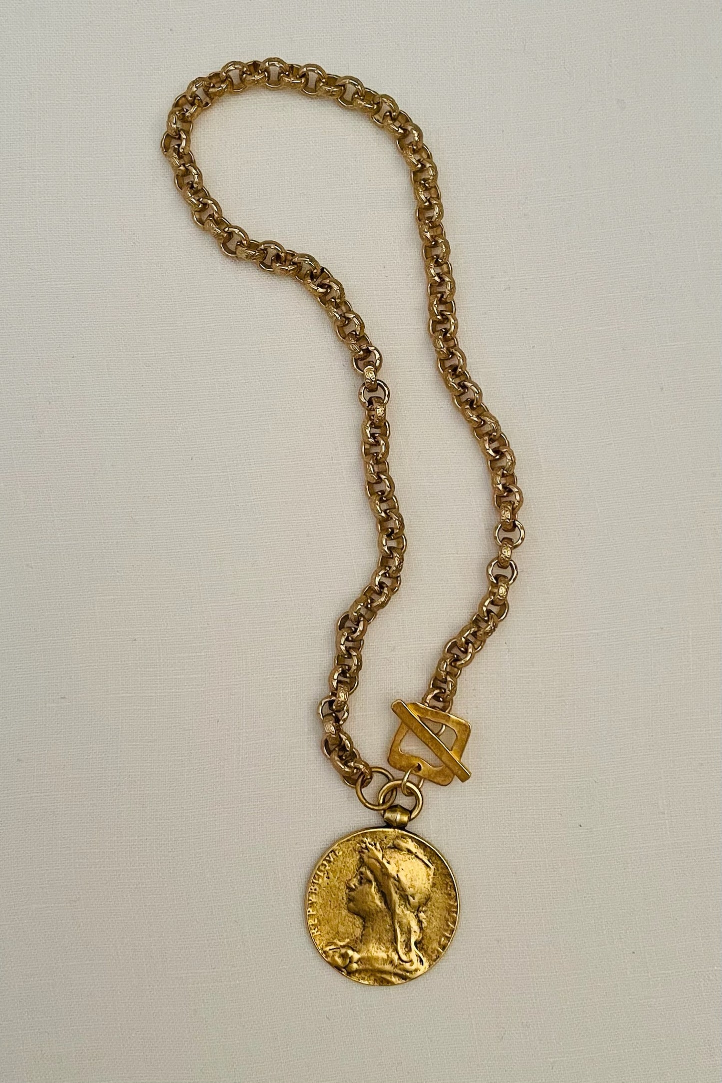 No. 6 Antiqued Gold Lg French Marianne Medal Necklace
