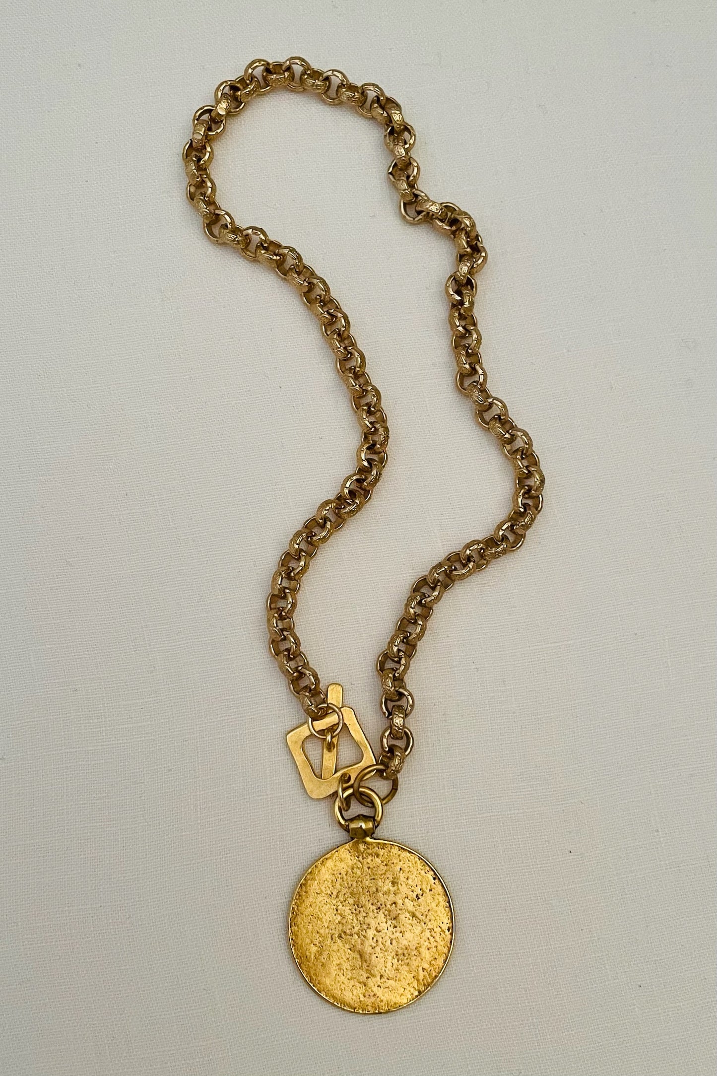 No. 6 Antiqued Gold Lg French Marianne Medal Necklace