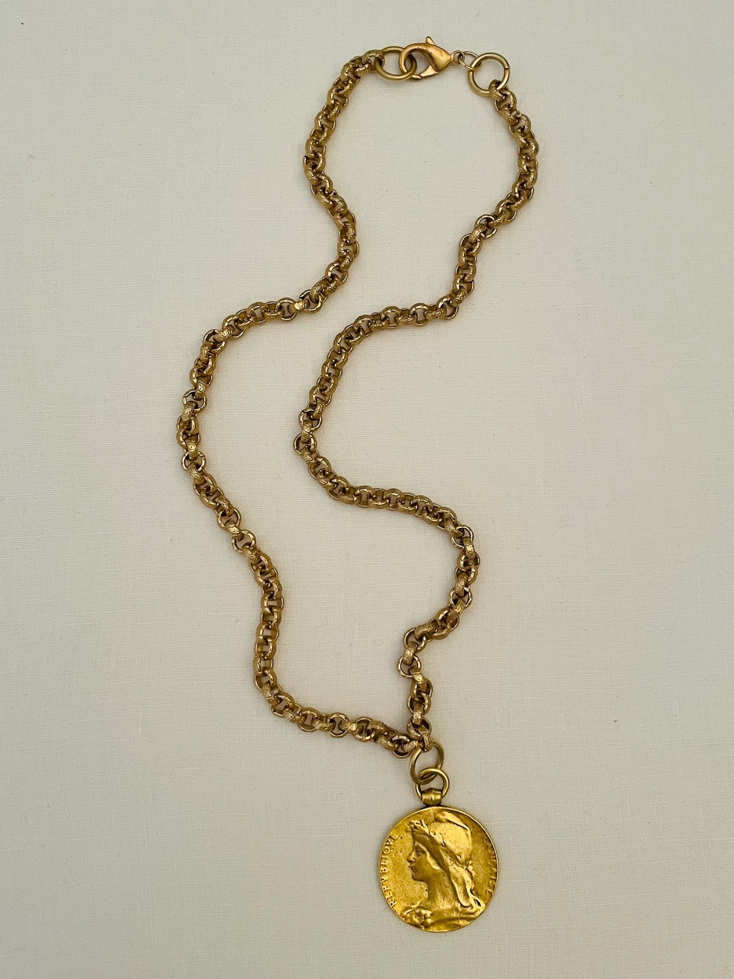 No. 5 Antiqued Gold Lg French Marianne Medal Necklace
