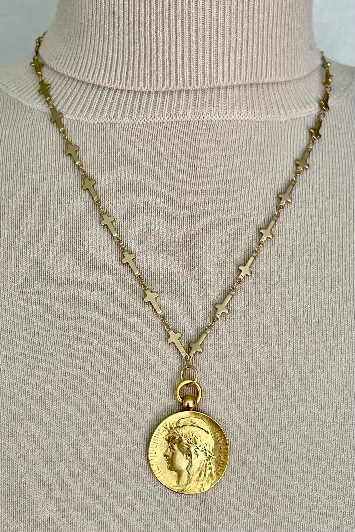 No. 7 Antiqued Gold Small French Marianne Medal Necklace