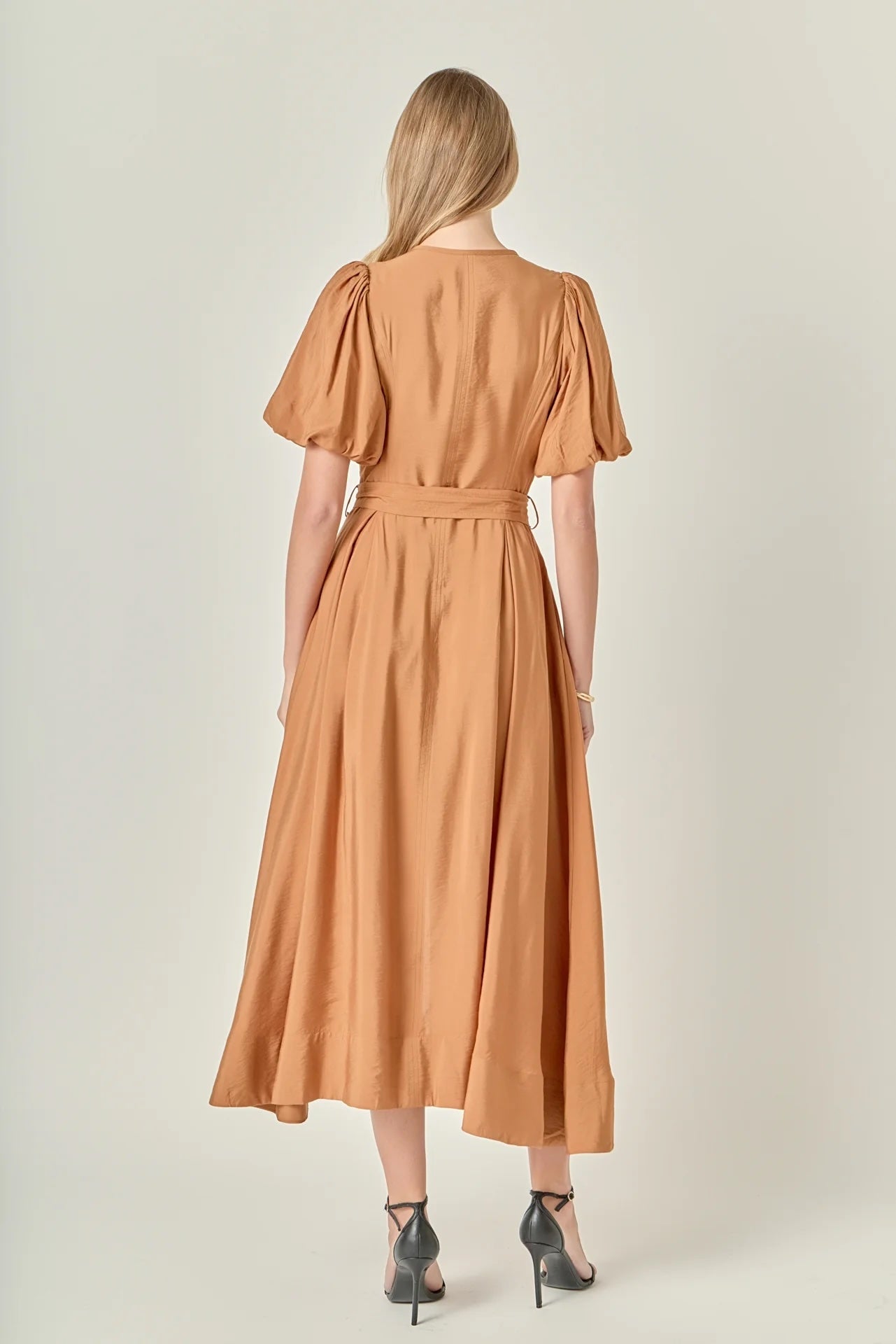 Puff Sleeve Belted Midi Dress