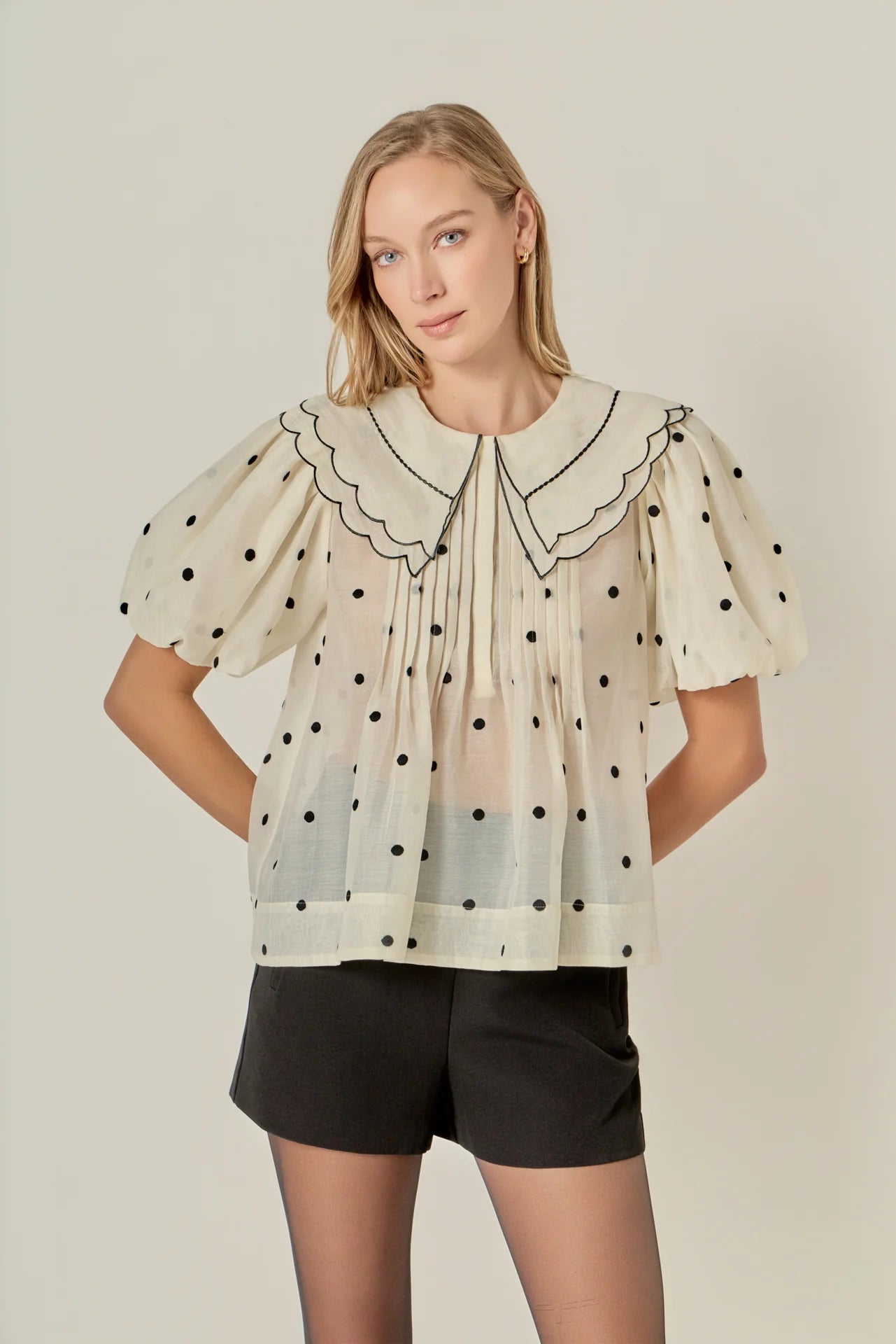 Scalloped Collar Sheer Polka Dot Blouse