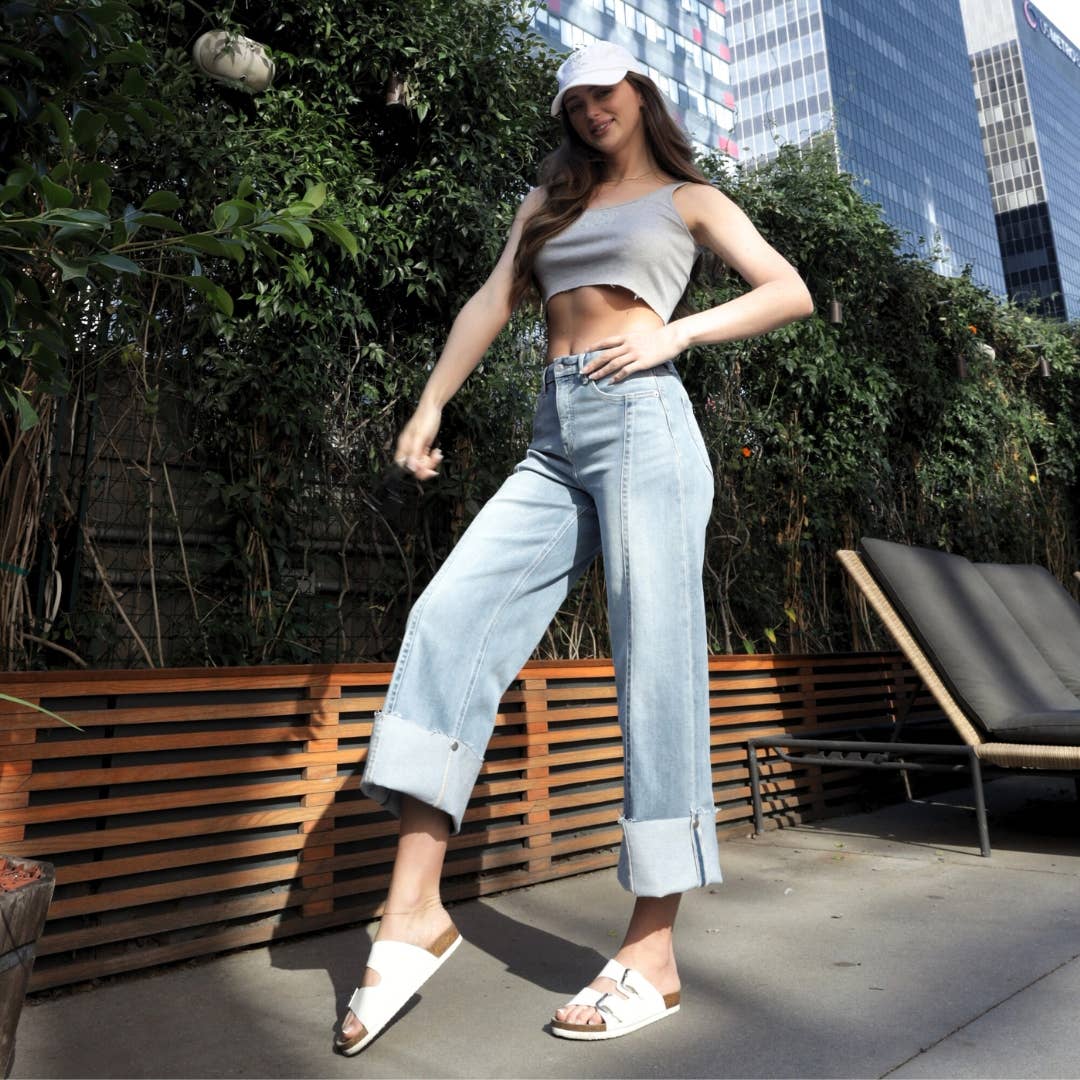 Front Seam Cuffed Wide Leg Jeans