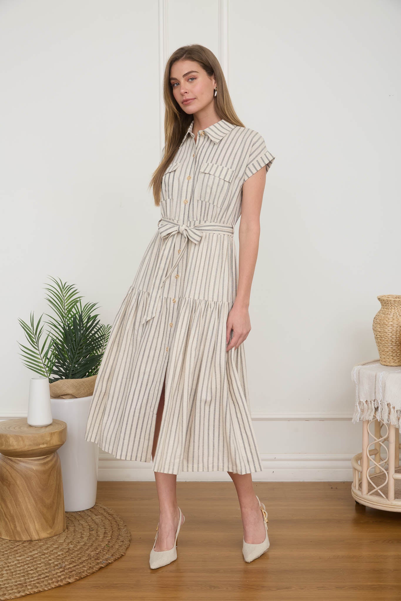 striped linen shirt dress Stripe 5=handle1=Double Closet=agnes-curved-edge-double-wardrobe-off-white-with-oak-top Shore Blue Size:36W/32L Maddison Short Sleeve Ruched