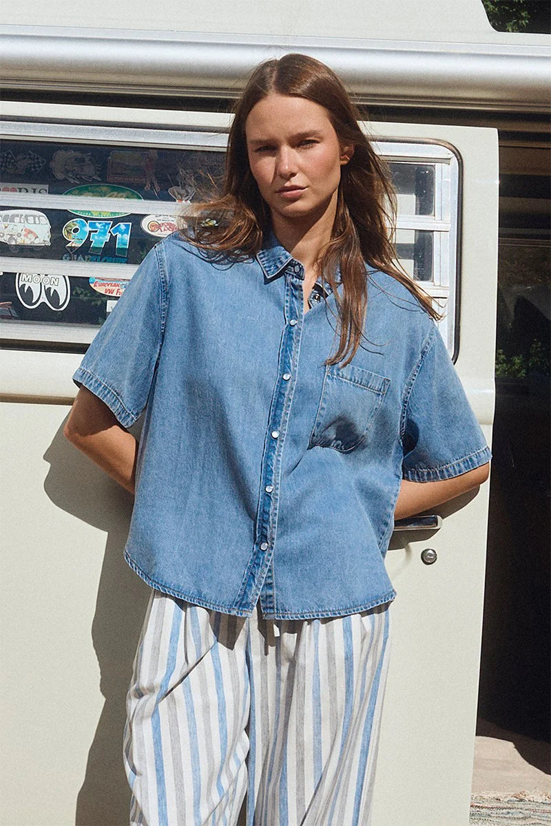 Denim Button Down Short Sleeve Shirt