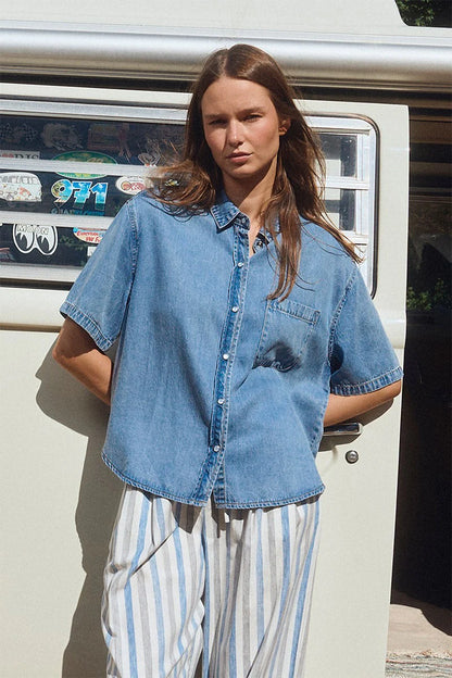 Denim Button Down Short Sleeve Shirt