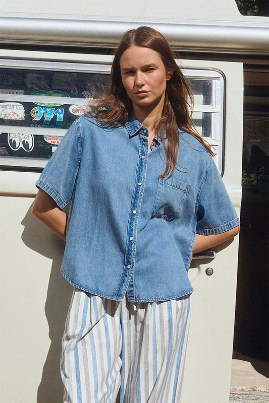 Denim Button Down Short Sleeve Shirt