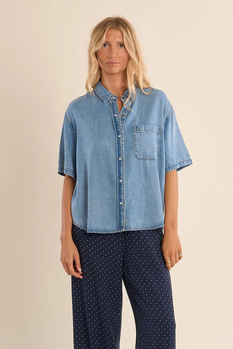 Denim Button Down Short Sleeve Shirt