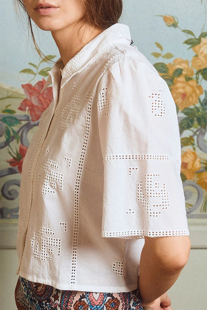 Openwork Button Down Blouse