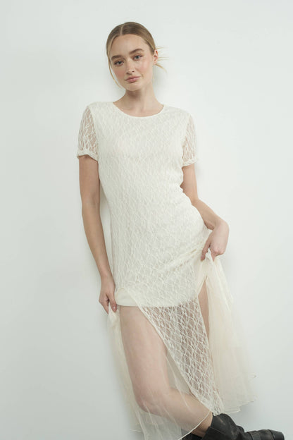 Short Sleeves Lace Sheer Accents Midi Dress