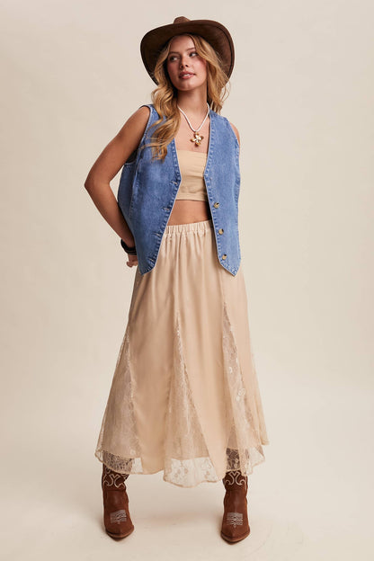 Lace Inset Satin Midi Skirt