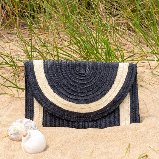Straw Clutch - Black with Ivory Trim