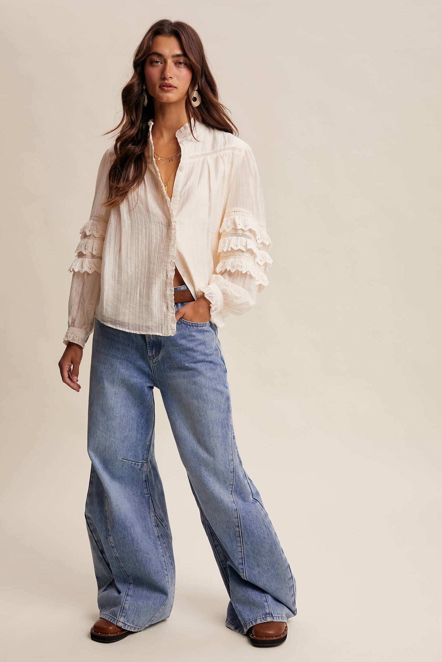 Lace Ruffle Sleeve Pintuck Blouse