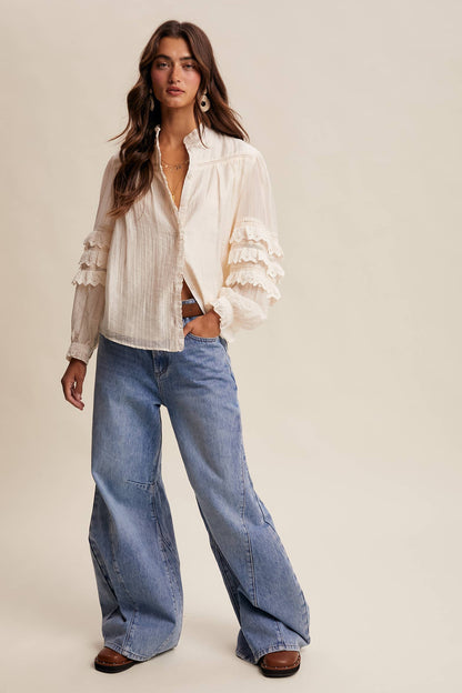 Lace Ruffle Sleeve Pintuck Blouse