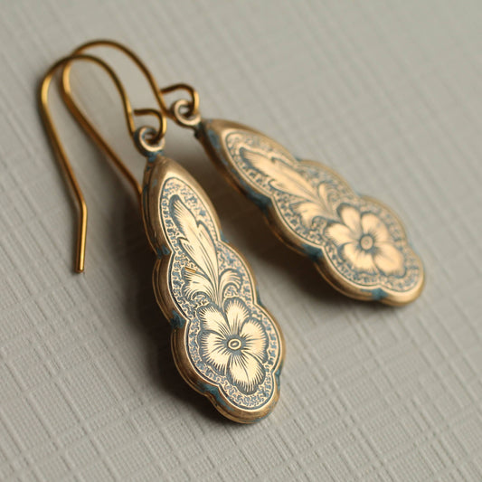Pansy Gold Blue Victorian Drop Earrings