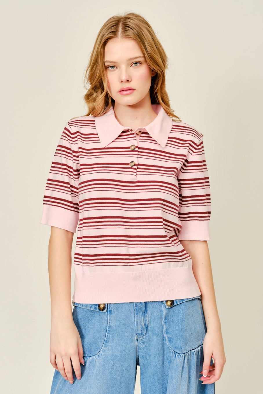 Soft Striped Short Sleeve Sweater Top