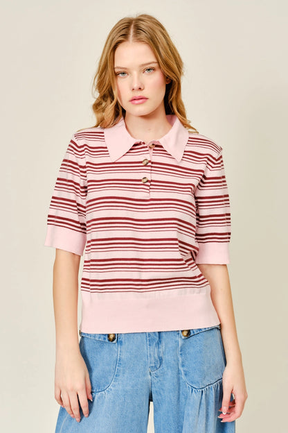 Soft Striped Short Sleeve Sweater Top