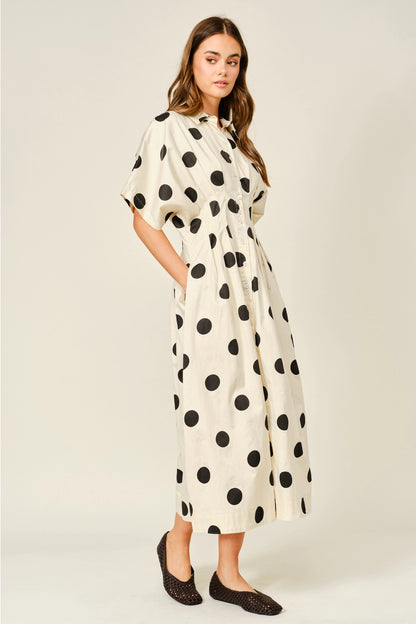 Stretch Polka Dot Pintuck Midi Shirt Dress