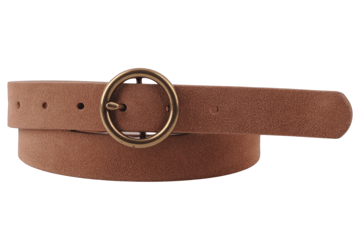 Brass-Toned Circle Buckle Suede Belt