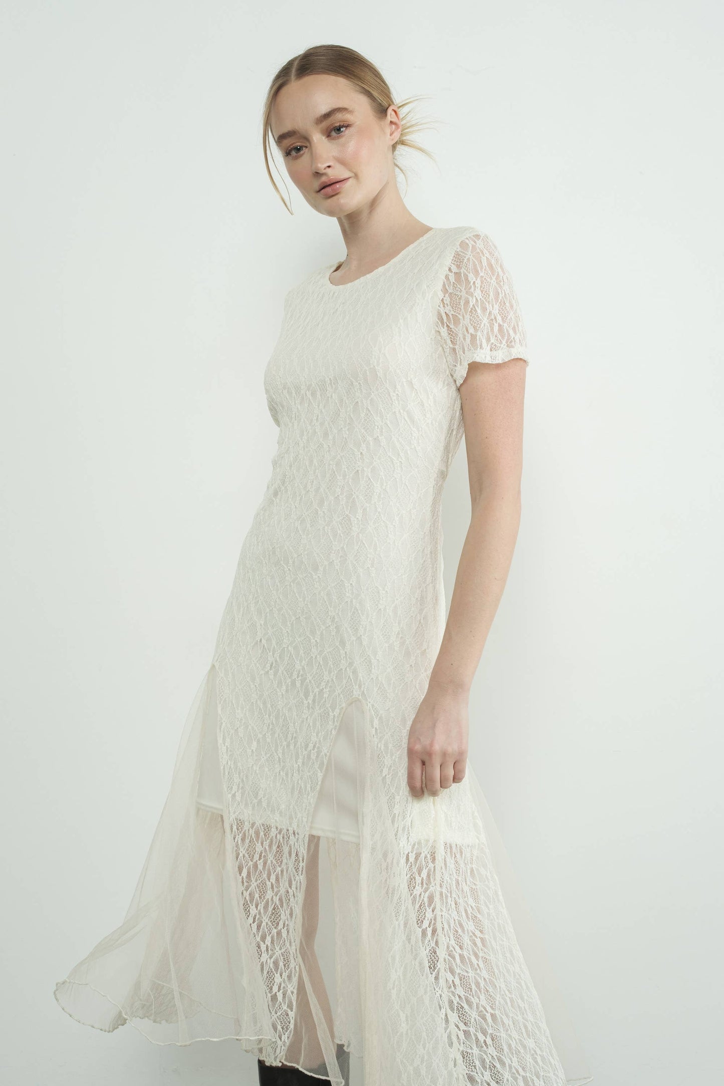 Short Sleeves Lace Sheer Accents Midi Dress