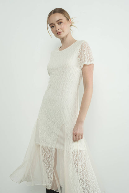 Short Sleeves Lace Sheer Accents Midi Dress