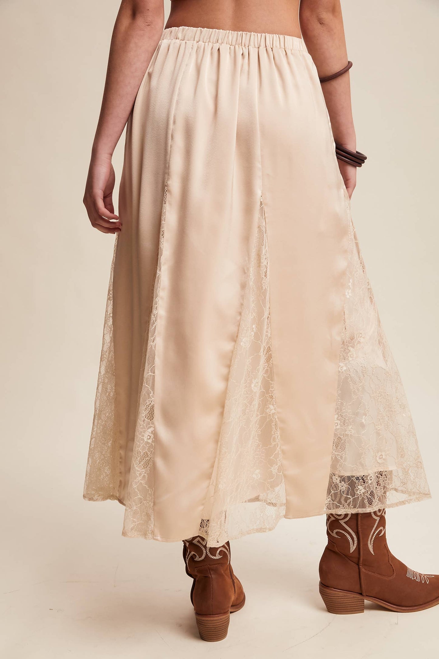 Lace Inset Satin Midi Skirt