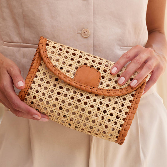 Rattan Clutch with Leather Trim and Crossbody Strap