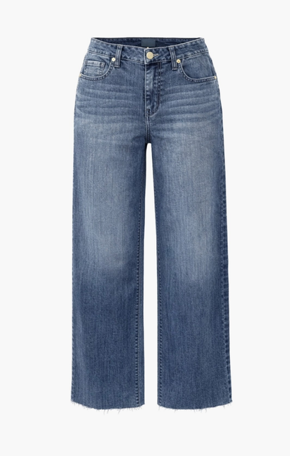 Mid-Rise Slim Wide Leg Jeans w/ Raw Hem