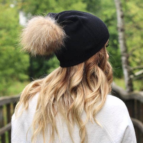 Angora Fur Pom Slouchy Beanie 