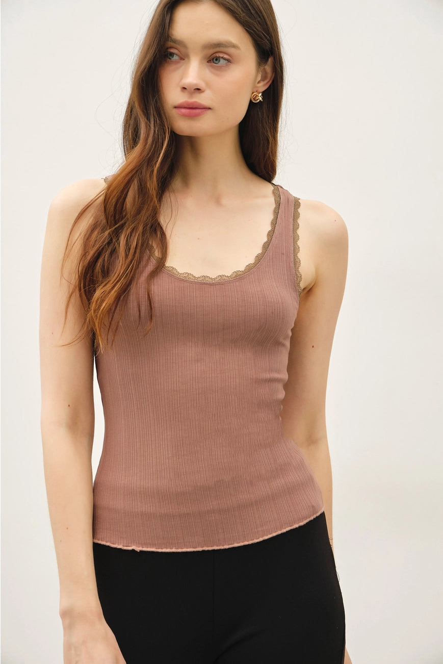 Lace Trim Ribbed Tank