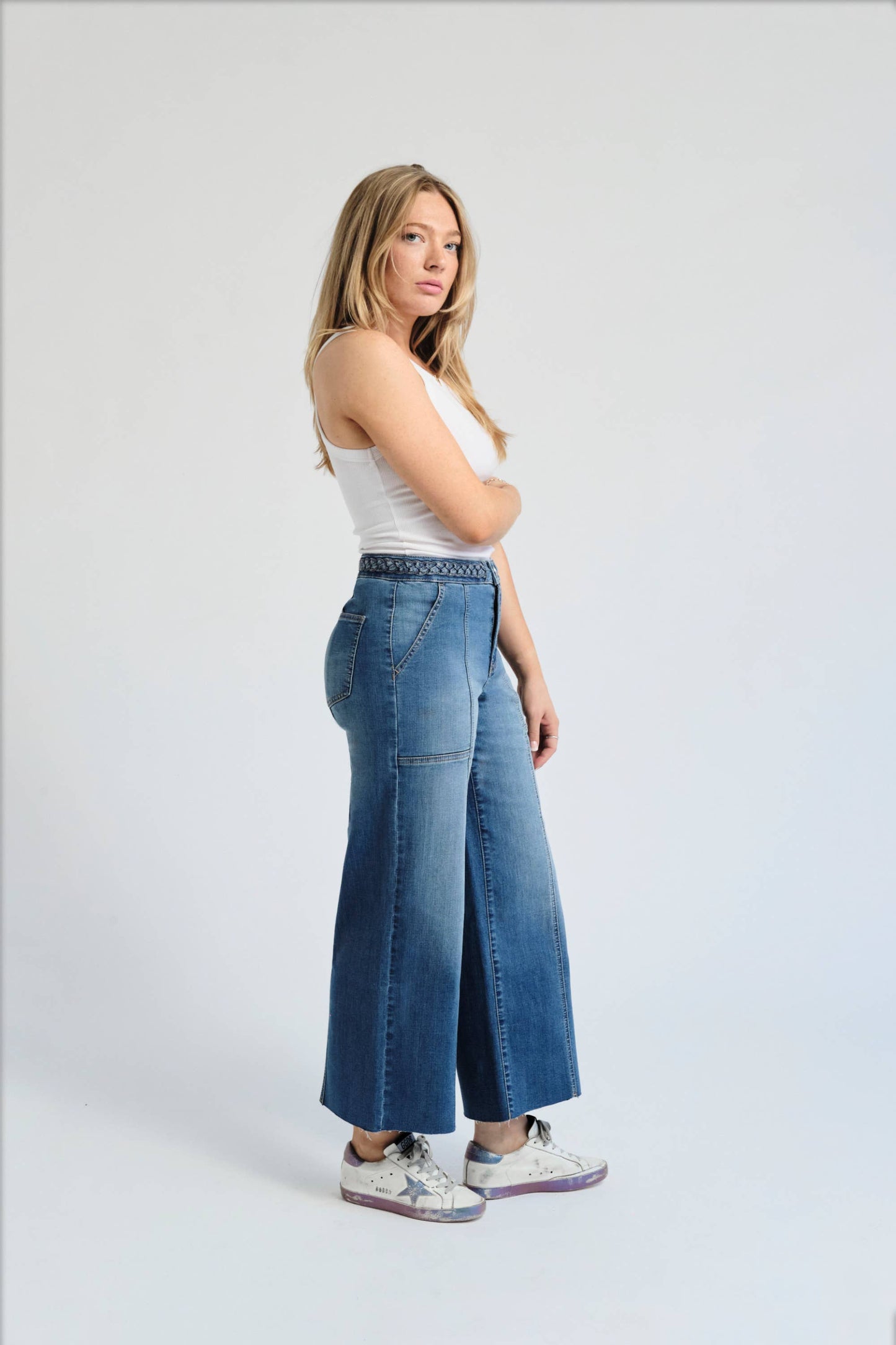 Cropped Wide Leg Jean w/ Braided Waistband in Bolt
