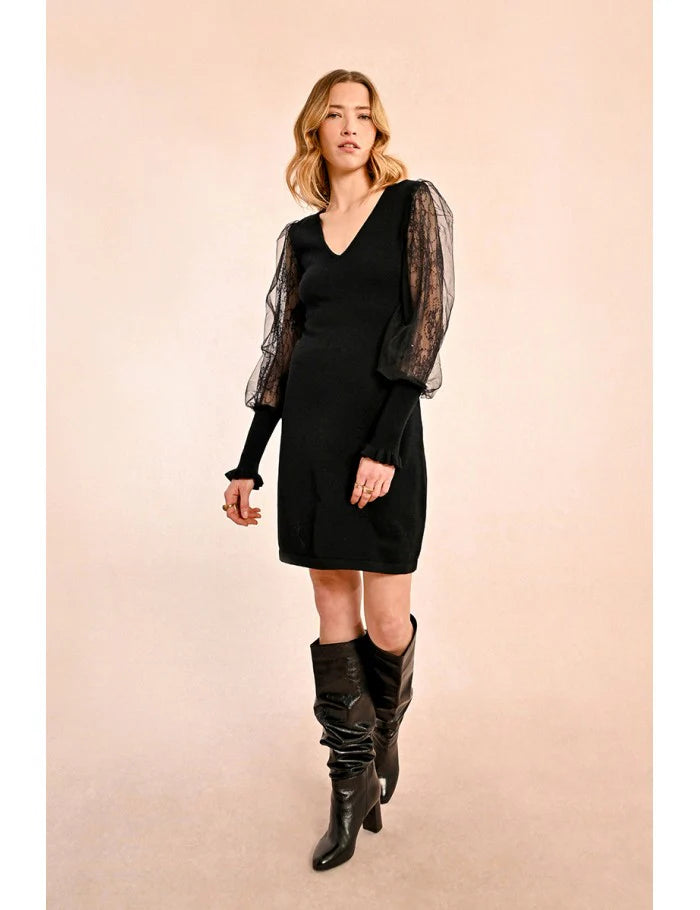 Knit Dress with Lace Sleeves
