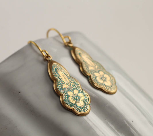 Pansy Gold Turquoise Victorian Drop Earrings