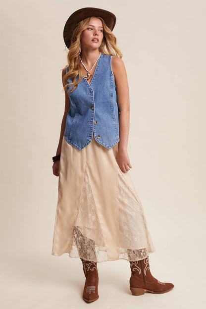 Lace Inset Satin Midi Skirt
