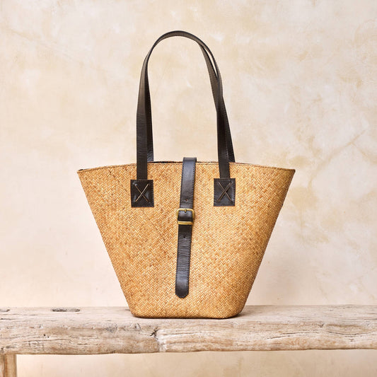 Rattan Tote Bag with Leather Trim