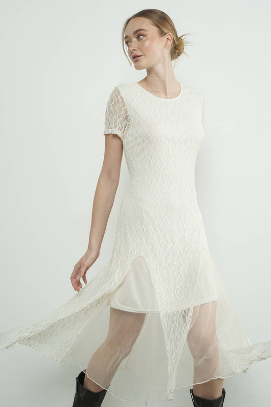 Short Sleeves Lace Sheer Accents Midi Dress