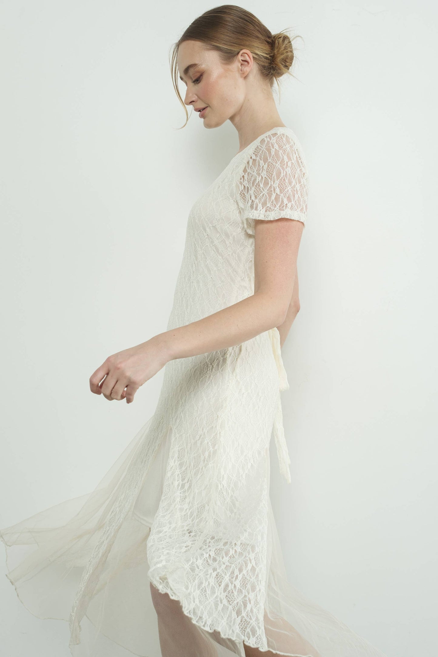 Short Sleeves Lace Sheer Accents Midi Dress