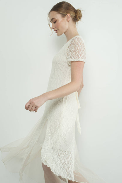 Short Sleeves Lace Sheer Accents Midi Dress