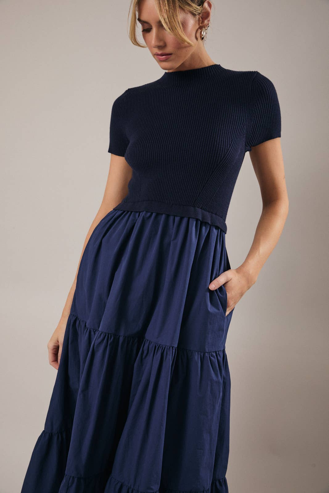 Knit & Woven Mix Tiered Midi Dress