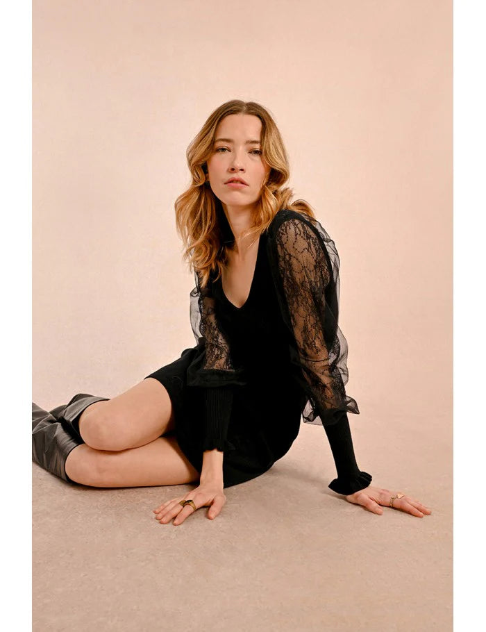 Knit Dress with Lace Sleeves